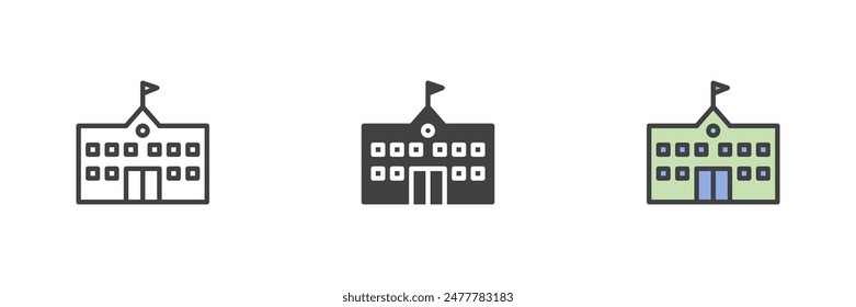 School building different style icon set. Line, glyph and filled outline colorful version, outline and filled vector sign. University Campus symbol, logo illustration. Vector graphics