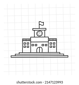 School Building Doodle. Outlined On A White Background.