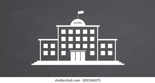 School building drawed at chalk-streaked chalkboard. Flat style administrative building at black school board. vector illustration. 