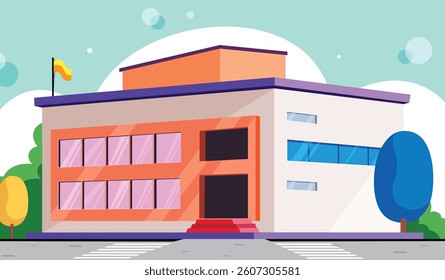 School building drawing clipart design. University colorful classroom clip art for student and pupils educational schoolhouse flat cartoon image vector illustration.
