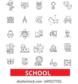 School, school building, education, classroom, pupil, school bus, school teacher line icons. Editable strokes. Flat design vector illustration symbol concept. Linear signs isolated on white background