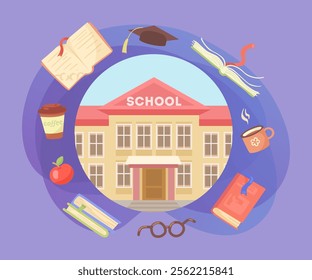 School building and education symbols vector illustrations set. Cartoon drawings of books, graduation hat, glasses, coffee cups on purple background. Education, back to school concept