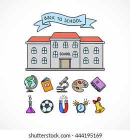School building and educational icons. Vector school concept