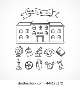 School building and educational icons. Vector outline school concept