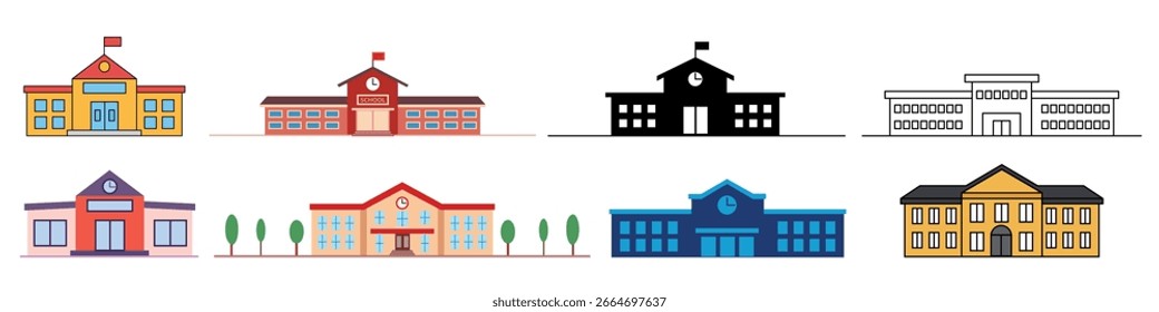 Conjunto de elementos de edificio escolar. Edificios educativos Ilustración vectorial plana.