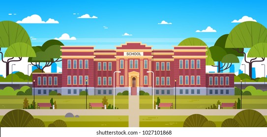 School Building And Empty Front Yard With Green Grass And Trees Landscape Flat Vector Illustration