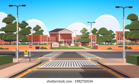 school building empty front yard with green trees road crosswalk summer cityscape background