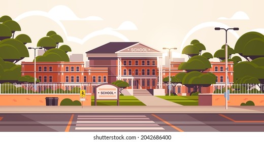 school building empty front yard with green trees road crosswalk summer cityscape background