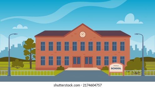 School building and empty front yard with green grass and trees. City on background. Back to school concept. Vector illustration