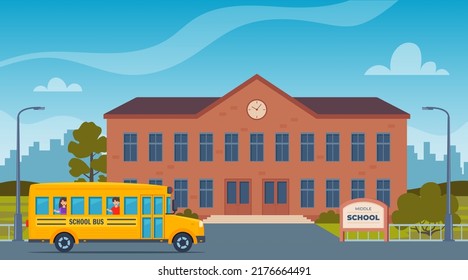 School building and empty front yard with green grass and trees. City on background. Kids in yellow classic school bus. Back to school concept. Vector illustration