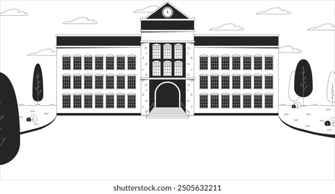 School building entrance with yard black and white line illustration. Schoolyard schoolhouse 2D cityscape monochrome background. Educational facility. Modern highschool outdoor outline vector image