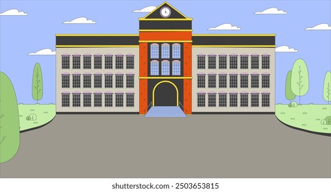 School building entrance with yard cartoon flat illustration. Schoolyard schoolhouse 2D cityscape colorful background. Educational facility. Modern highschool outdoor scene vector storytelling image