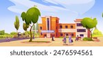 School building exterior or college illustration. Student campus outside background. Primary and elementary public education academy courtyard for kid. Road to kindergarten architecture design
