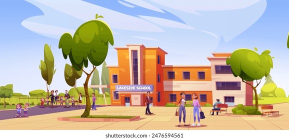 School building exterior or college illustration. Student campus outside background. Primary and elementary public education academy courtyard for kid. Road to kindergarten architecture design