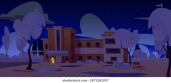 School building exterior facade at night. Man open door and come inside the empty closed education house. Cartoon vector illustration of dark midnight schoolhouse outside with tree and bench on yard.