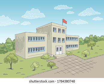 School Building Exterior Graphic Color Sketch Illustration Vector 