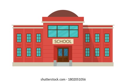 School Building Exterior Isolated On White Background. Public Educational Institution. Vector Illustration.