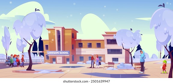 School building exterior on winter. Cartoon vector illustration of city public landscape with education house facade, schoolyard with kids and teens, women on sidewalk, trees covered with snow.