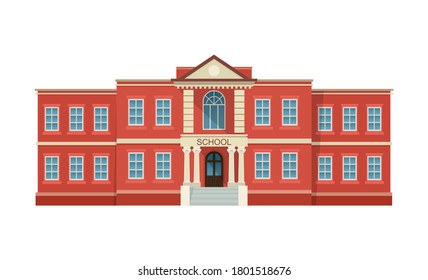 School building exterior. Public educational institution. Education concept. Vector illustration isolated on white background.