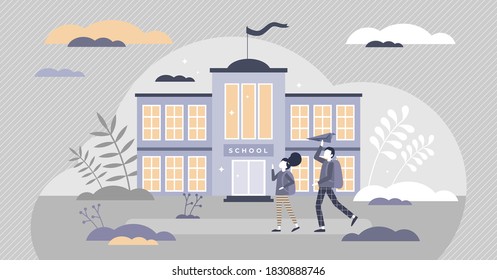 School building exterior with pupil going to learn education tiny person concept. Kids knowledge house with teachers and classrooms as wisdom and academic intelligence center vector illustration.