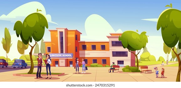 School building exterior with sidewalk, bench and green trees in yard. Cartoon vector illustration of children and teachers in front of public education construction with classrooms on summer day.