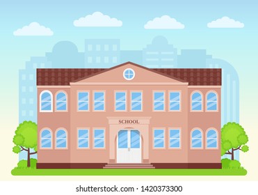 School Building Exterior. Vector. Schoolhouse Front View. Facade Of Education Building On Cityscape Background. University, College Icon. Cartoon Flat Illustration. Street Architecture.