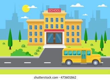 School Building Exterior Yellow Bus City View Flat Vector Illustration