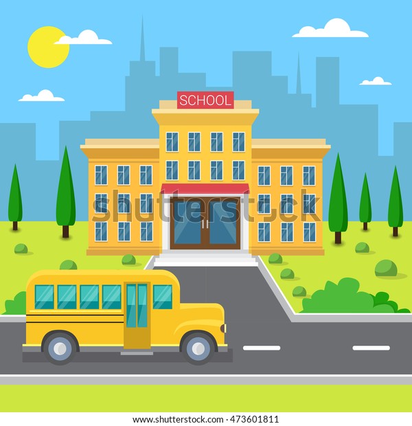 校舎外部黄色いバスシティビュー平面ベクターイラスト のベクター画像