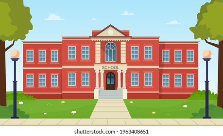 School Building Facade With Green Grass And Trees. Public Educational Institution Exterior. Vector Illustration.