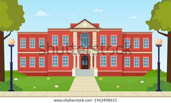 School Building Facade Green Grass Trees Stock Vector (Royalty Free ...