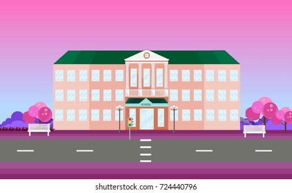 School building facade in spring season. Vector illustrations