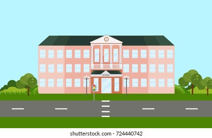 School building facade in summer time. Vector illustrations