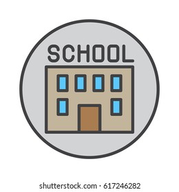 School building filled outline icon, round colorful vector sign, circular flat pictogram. Symbol, logo illustration