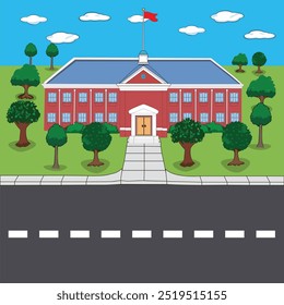 A school building with a flag flying on the rooftop