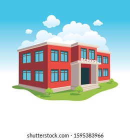 School building with flat cartoon illustration, Front view of entrance to classical red brick building