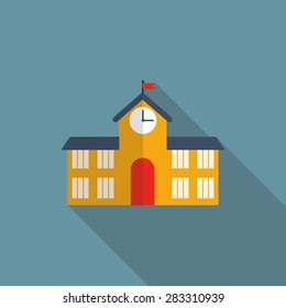 School Building Flat Icon with Long Shadow, Vector Illustration Eps10