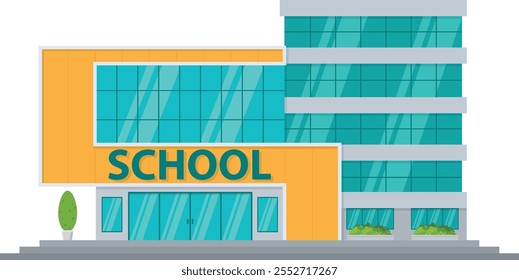 Edificio de la escuela en estilo plano, aislado en el fondo blanco