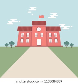 School building in flat style on blue sky background. Back to school banner design concept.