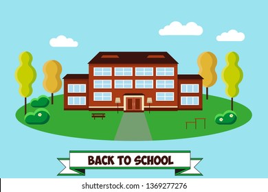 School building in flat style on green and blue background. Back to school banner design concept. College, university, academy vector illustration.