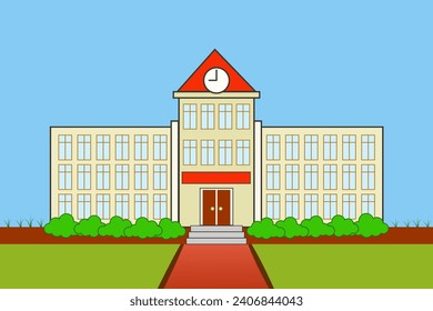 School building in flat style on bright blue sky background. Back to school banner design concept. College, university, academy vector illustration.