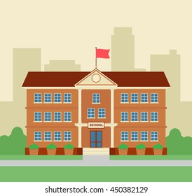 school building in flat style on city background