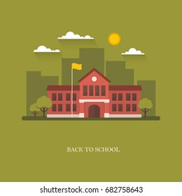 School Building In Flat Style On Green Background. Back To School Banner Design Concept. College, University, Academy Vector Illustration