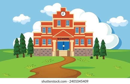 School building in flat style.Isolated school building. Landscape with grass and clouds. Urban exterior.
