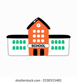 Edificio escolar en Ilustración vectorial plana que simboliza la educación, el aprendizaje y el entorno académico, aislado sobre fondo blanco.
