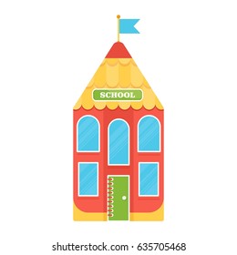School building in the form of a bright colored pencil. Flat vector cartoon illustration. Objects isolated on a white background.