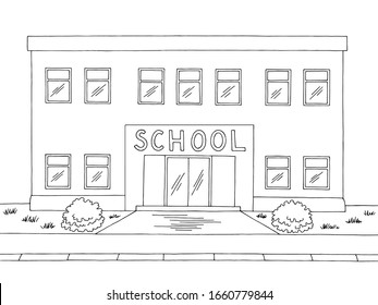 School Building Front View Exterior Graphic Black White Sketch Illustration Vector