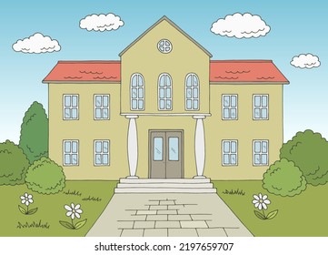 School Building Front View Exterior Graphic Color Sketch Illustration Vector 