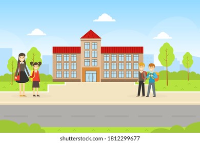 School Building and Front Yard with Cheerful Students and Parent, Back to School Concept Cartoon Vector Illustration