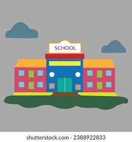 School building, with front yard for school children, appearance. Modern vector illustration isolated on white background.