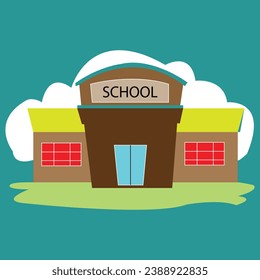 Construcción escolar, con patio delantero para escolares, apariencia. Ilustración vectorial moderna aislada en fondo blanco.